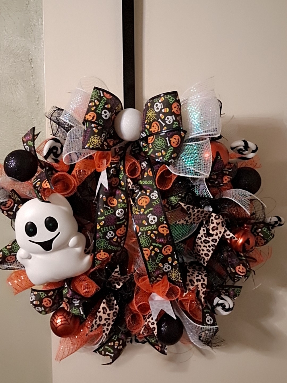 Halloween Ghost Ribbon Wreath in Orange, Black & White